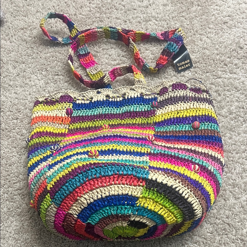 Tomas Maier Woven Straw MichiganMulticolor Tote — Bright Striped Rainbow
